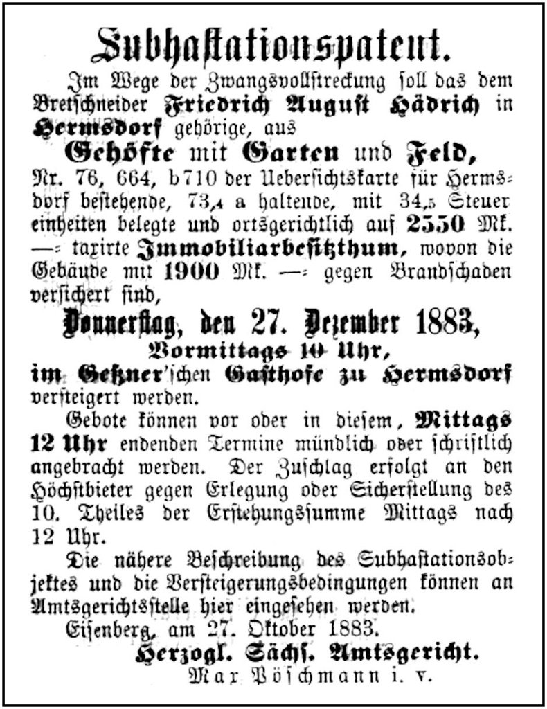 1883-10-27 Hdf Zwangsversteigerung Haedrichk